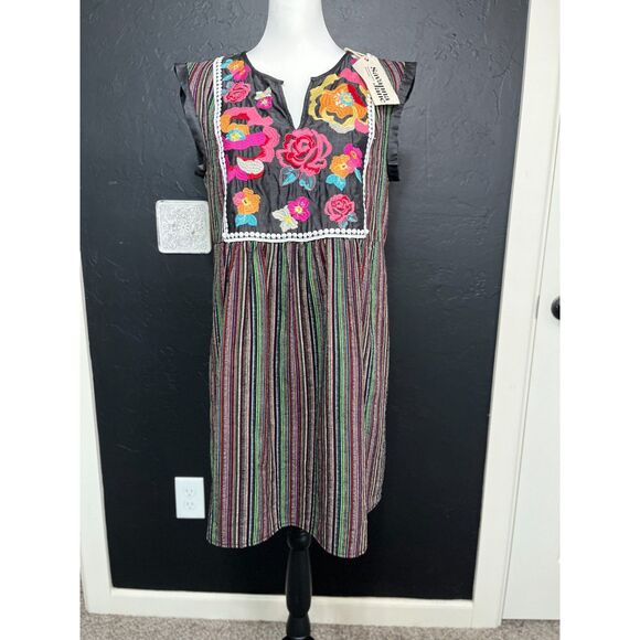 Savanna Jane Embroidered Boho Dress Black Multi Stripe Floral Size Small NWT - Picture 2 of 12